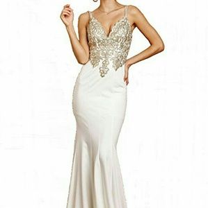 Soieblu cream, gold, rhinestone gown